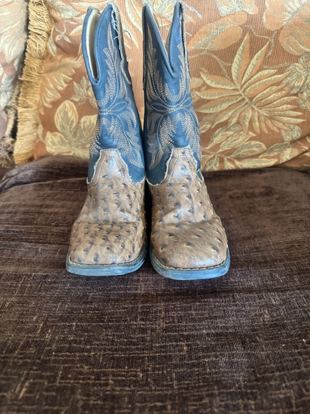 Ariat Kids Brown Ostrich-Textured & Blue Embroidered Cowboy Boots